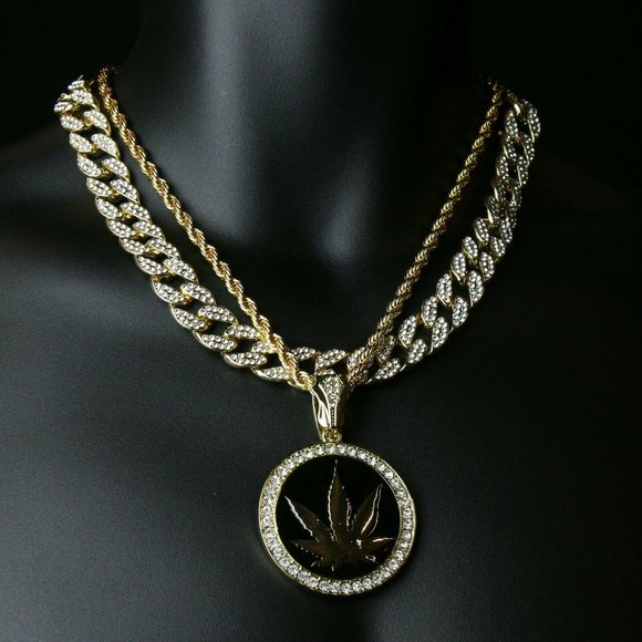14k Gold Leaf 20" Cuban and Rope Chain + Pendant
